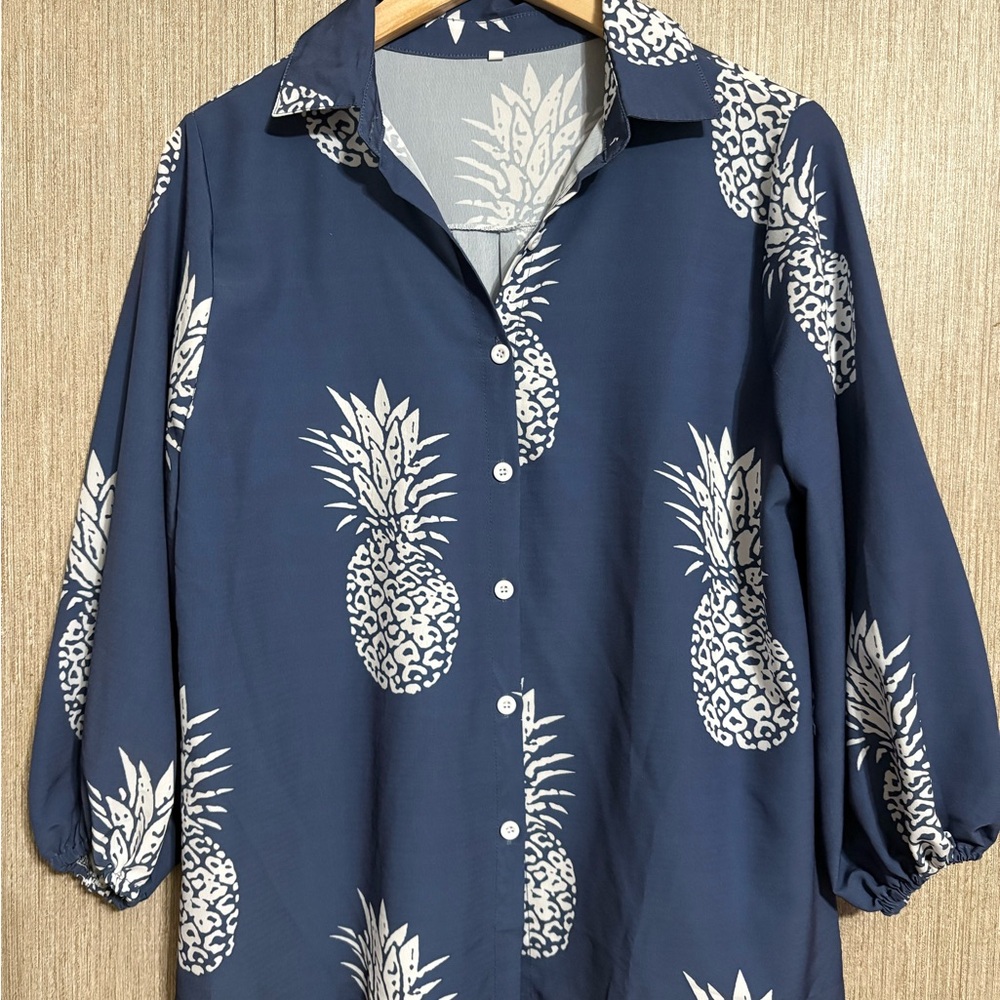 Navy Blue Pineapple Print Men's Shirt